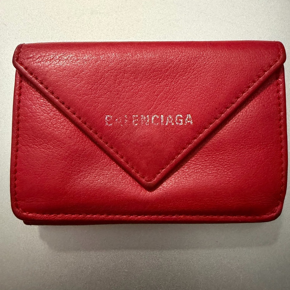 Balenciaga Envelope Style Red Leather Tri Fold Wallet and Coin Purse
